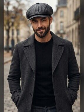Genuine Leather Black Driving Cap Newsboy Hat 57mm (US Size 7 1/8) Med